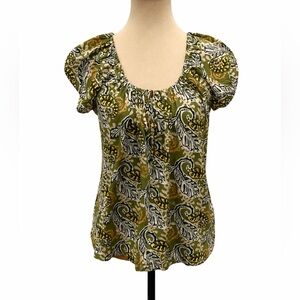 VTG Manuheali’i white tag Olive Green Paisley Scoop-Neck Puff Sleeve Top